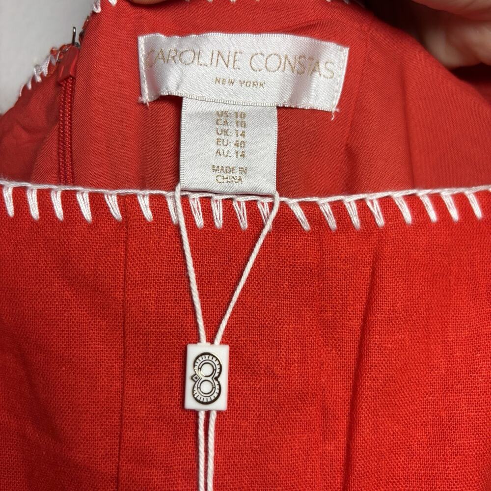 Caroline Constas Whipstitch Trim A-Line Linen Blend Midi Dress Cherry Red SZ 10 - Picture 8 of 12